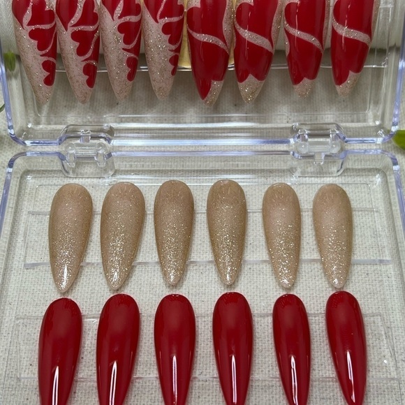 Long Stiletto Valentine’s Day red hearts and gold press on nails set of 26 - Picture 3 of 5